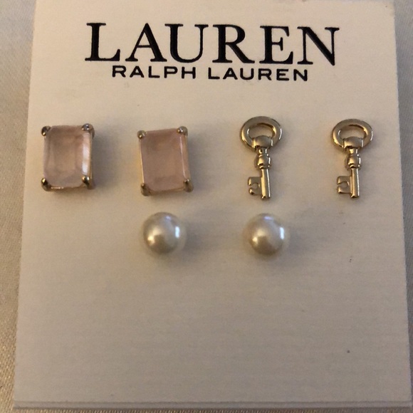 Lauren Ralph Lauren 3 Pair Stud Earring Set Key, Rose Quartz & Faux Pearl NWT - Picture 2 of 13